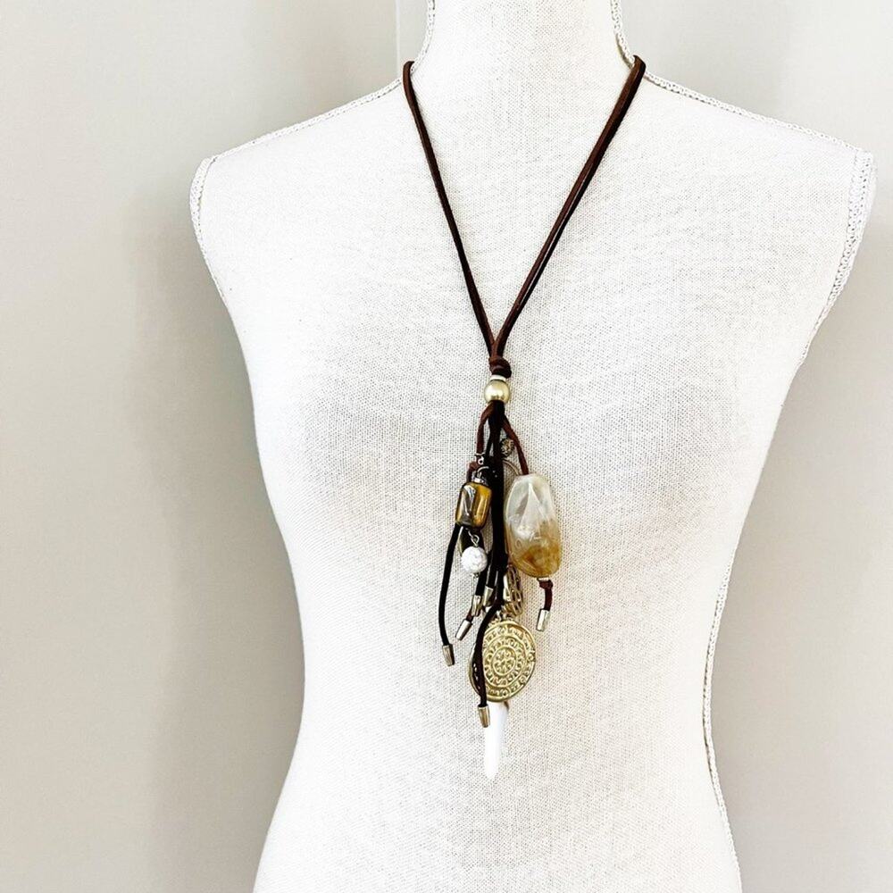 Chico's Brown Suede & Gold Charm Necklace